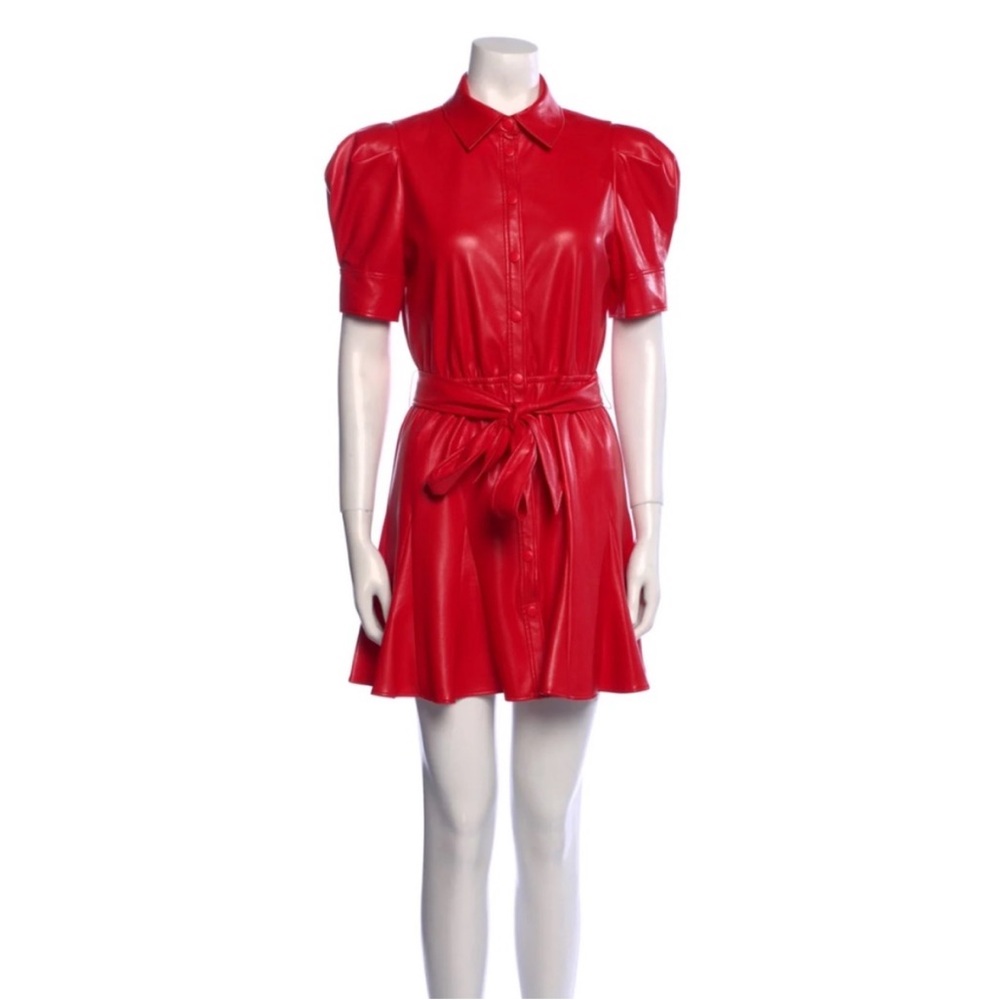Alice + Olivia Lurlene Puff Sleeve Faux Leather Mini Dress in Bright Ruby (red)